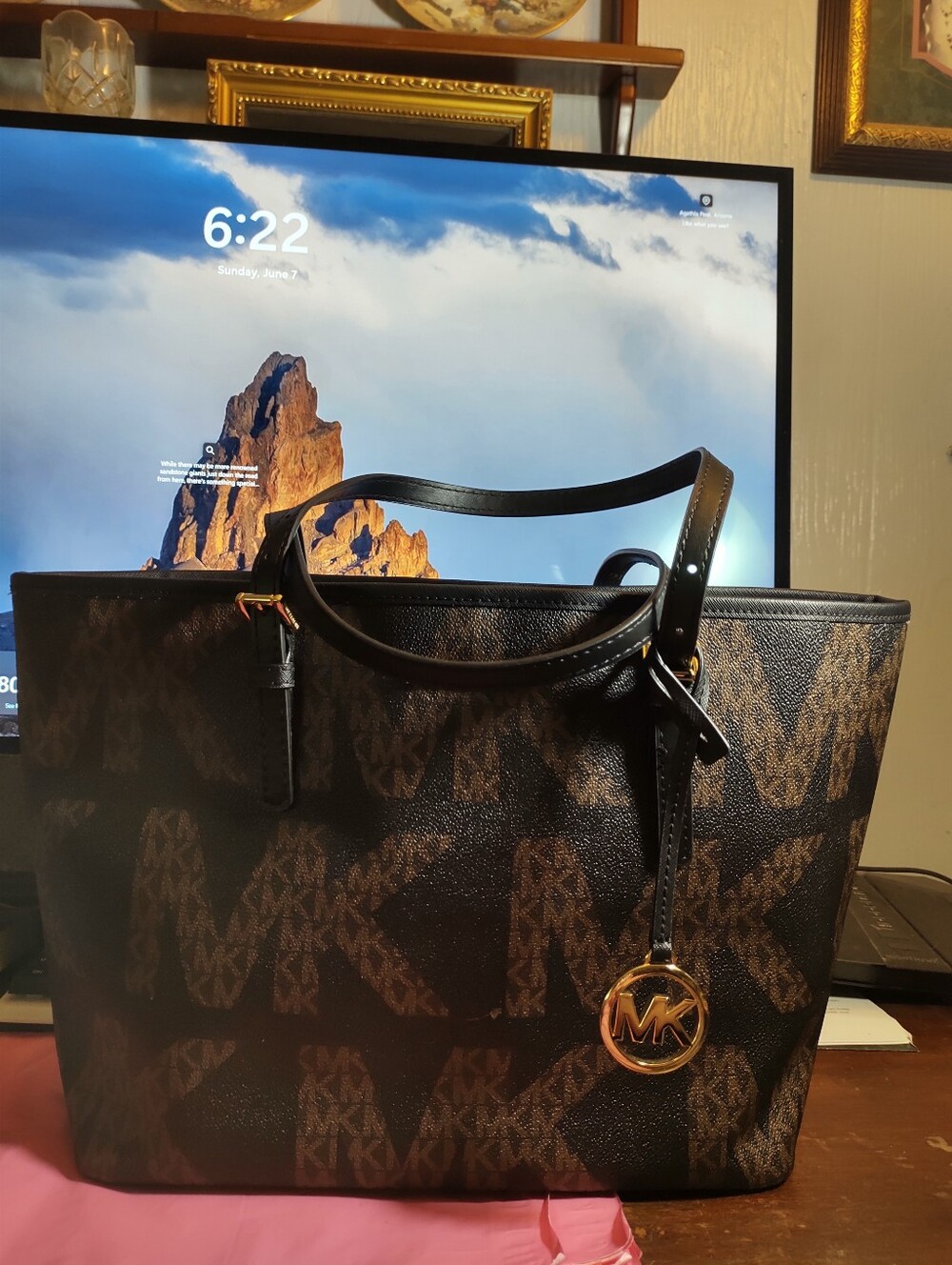 Michael Kors Brown Signature Logo Tote Bag with Gold Accent